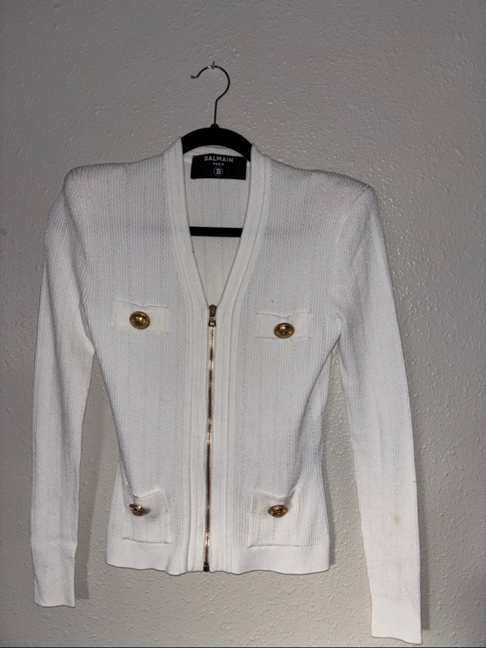 Balmain White Knit Zip-Up Jacket with Gold Buttons